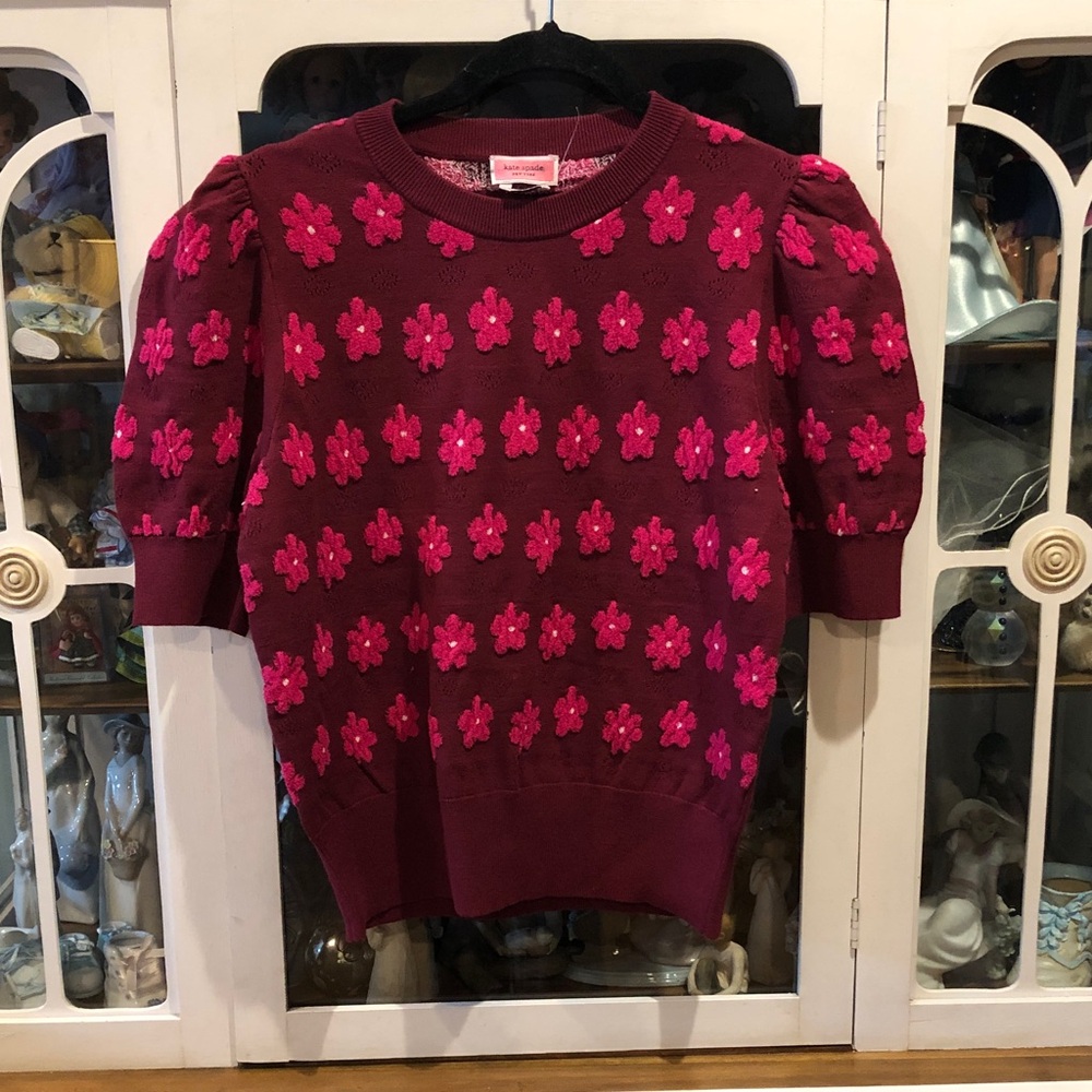 NWOT kate spade Burgundy Sweater with Hot Pink Floral Appliqués - Picture 5 of 13